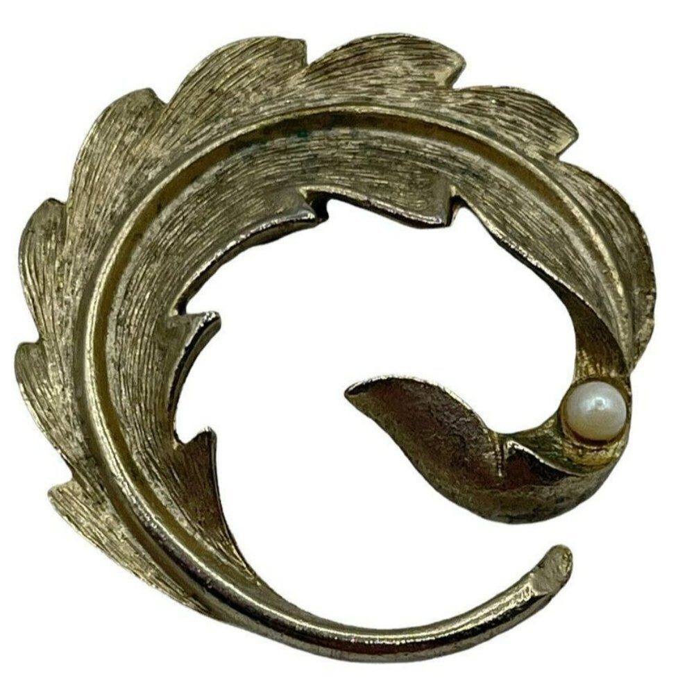 Vintage Swirling Feather Brooch Gold Tone Metal Pearl Type Stone
